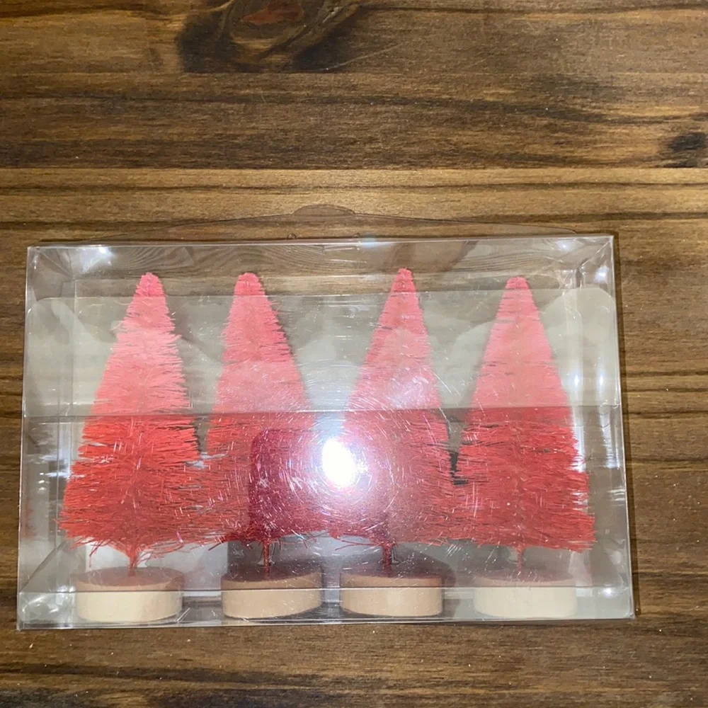 Wooden tabletop Christmas church “joy to the World” red bottle brush tree set